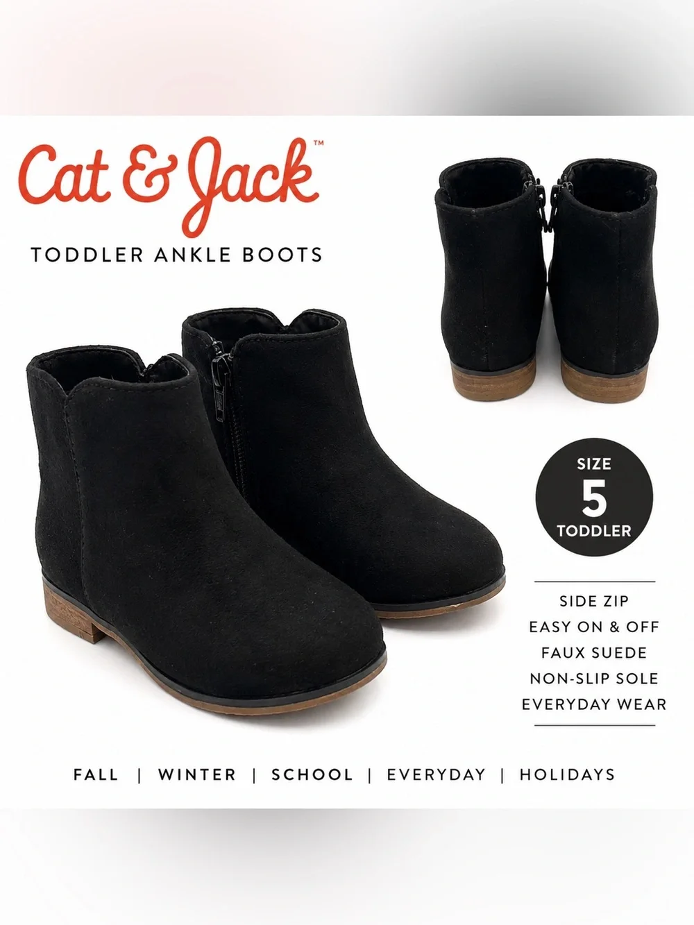 Cat & Jack Toddler Black Faux Suede Ankle Boots Size 5 Side Zip Chelsea Booties